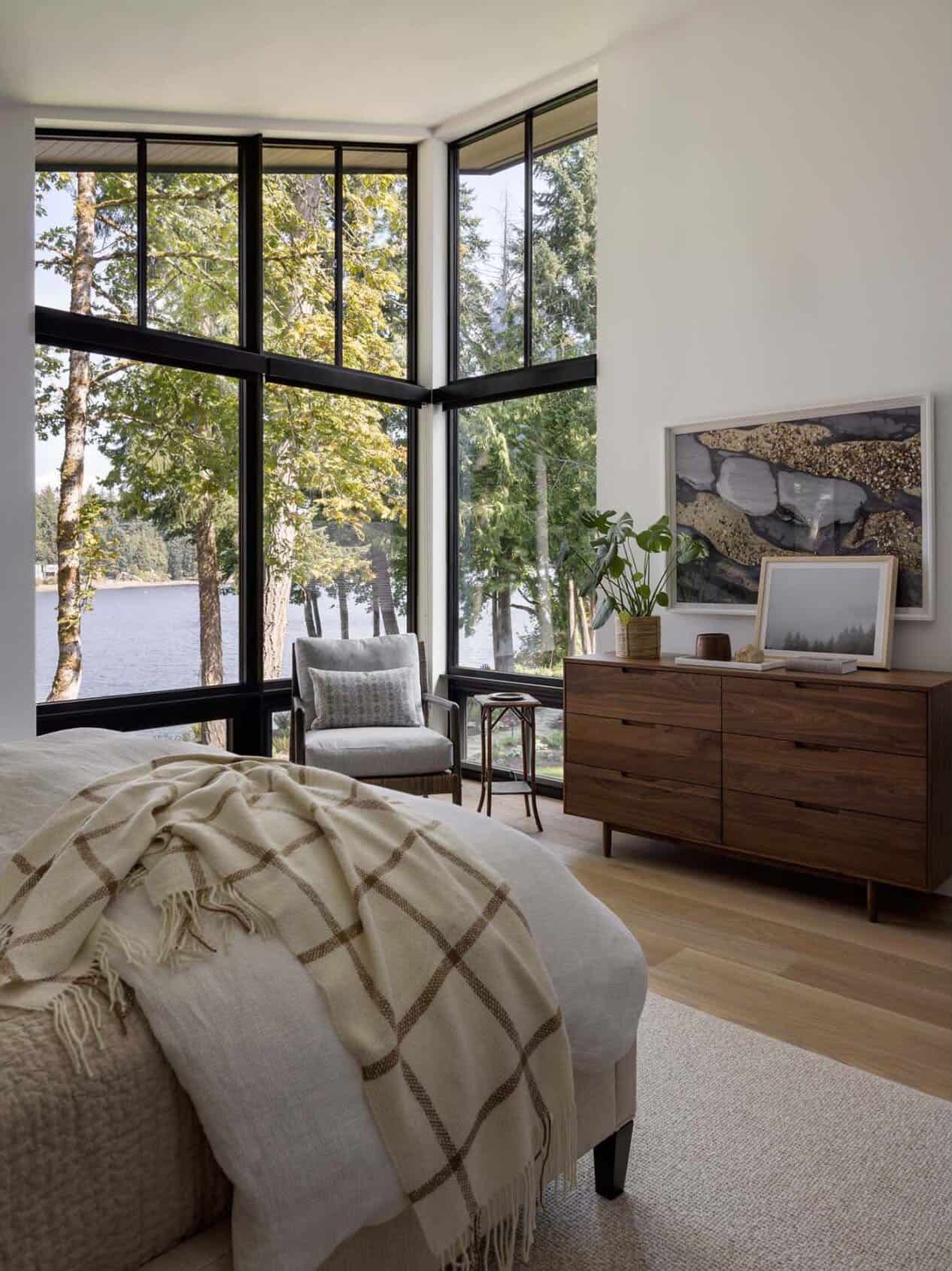 modern bedroom with floor-to-ceiling windows