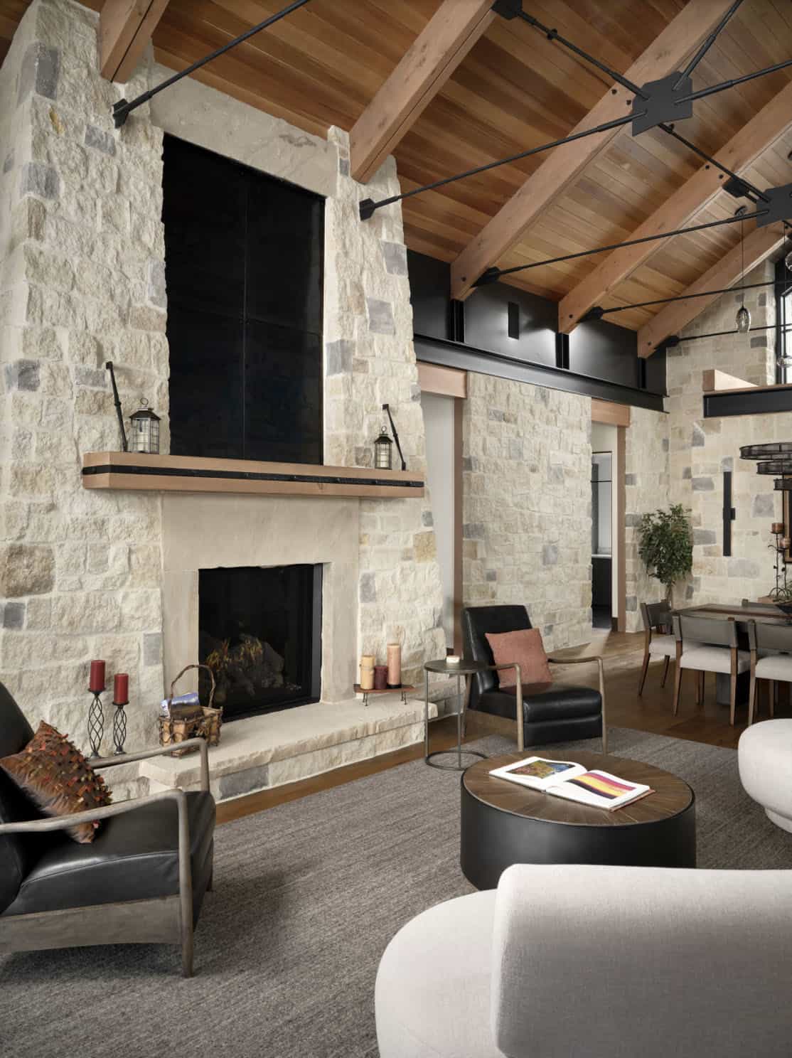 modern mountain style living room with a fireplace