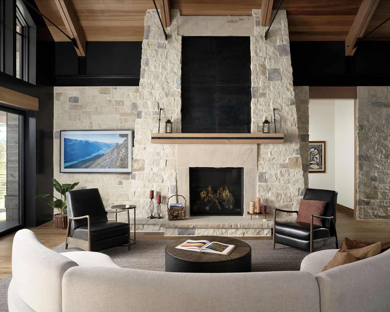 modern mountain style living room with a fireplace