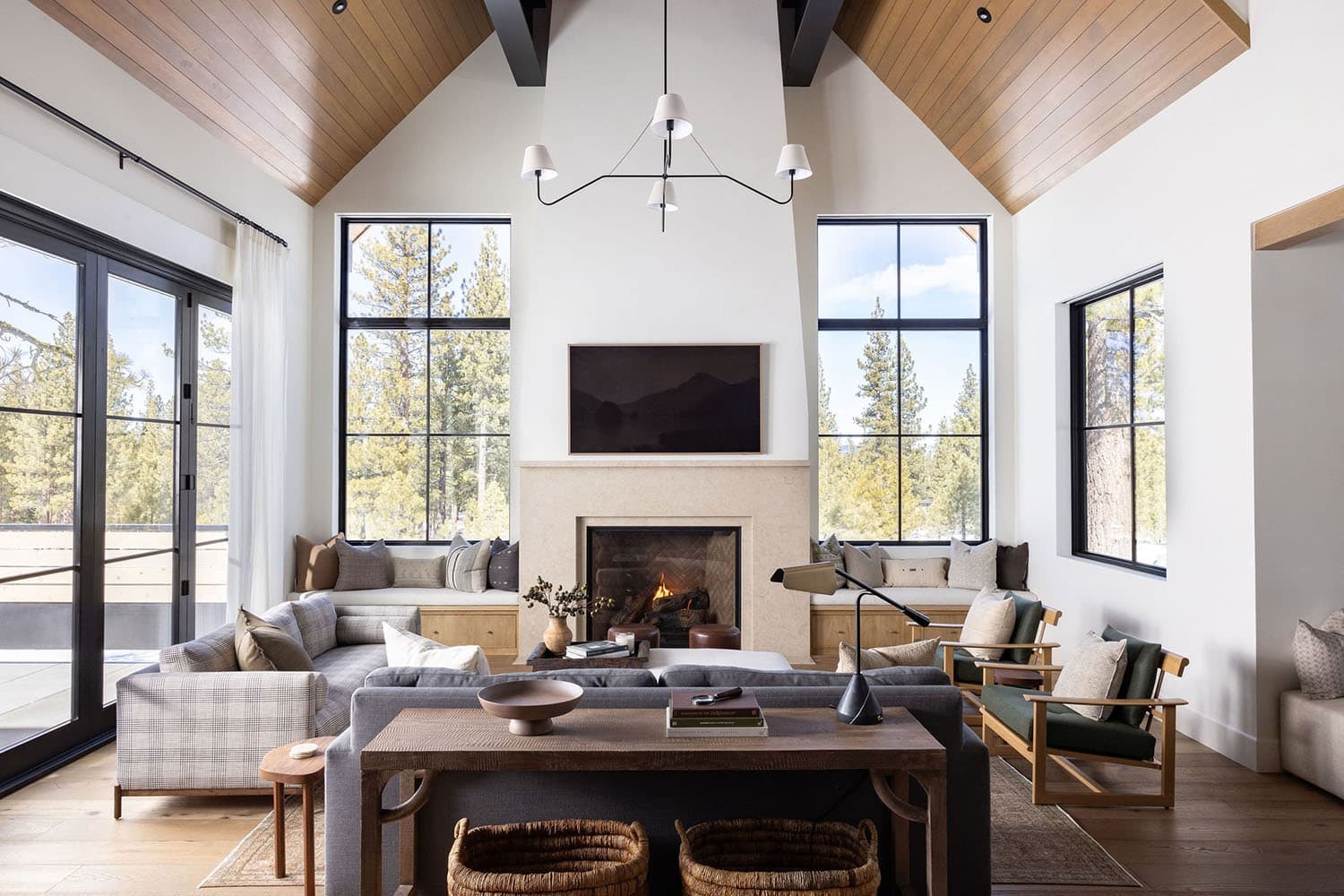 modern farmhouse style living room with a fireplace