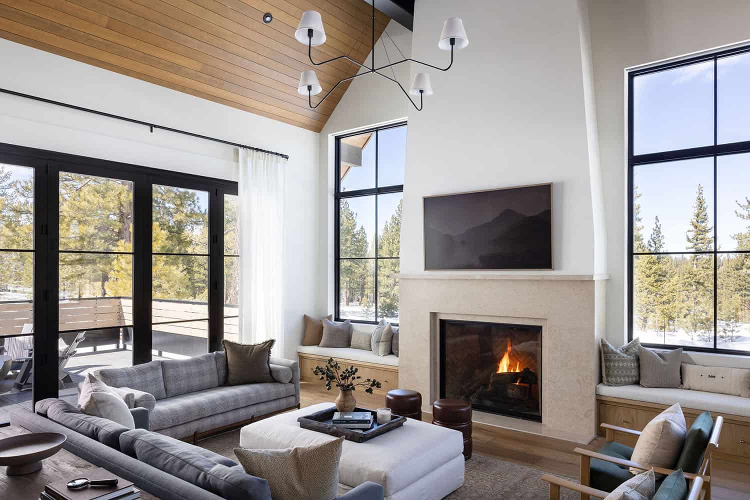 modern farmhouse style living room with a fireplace