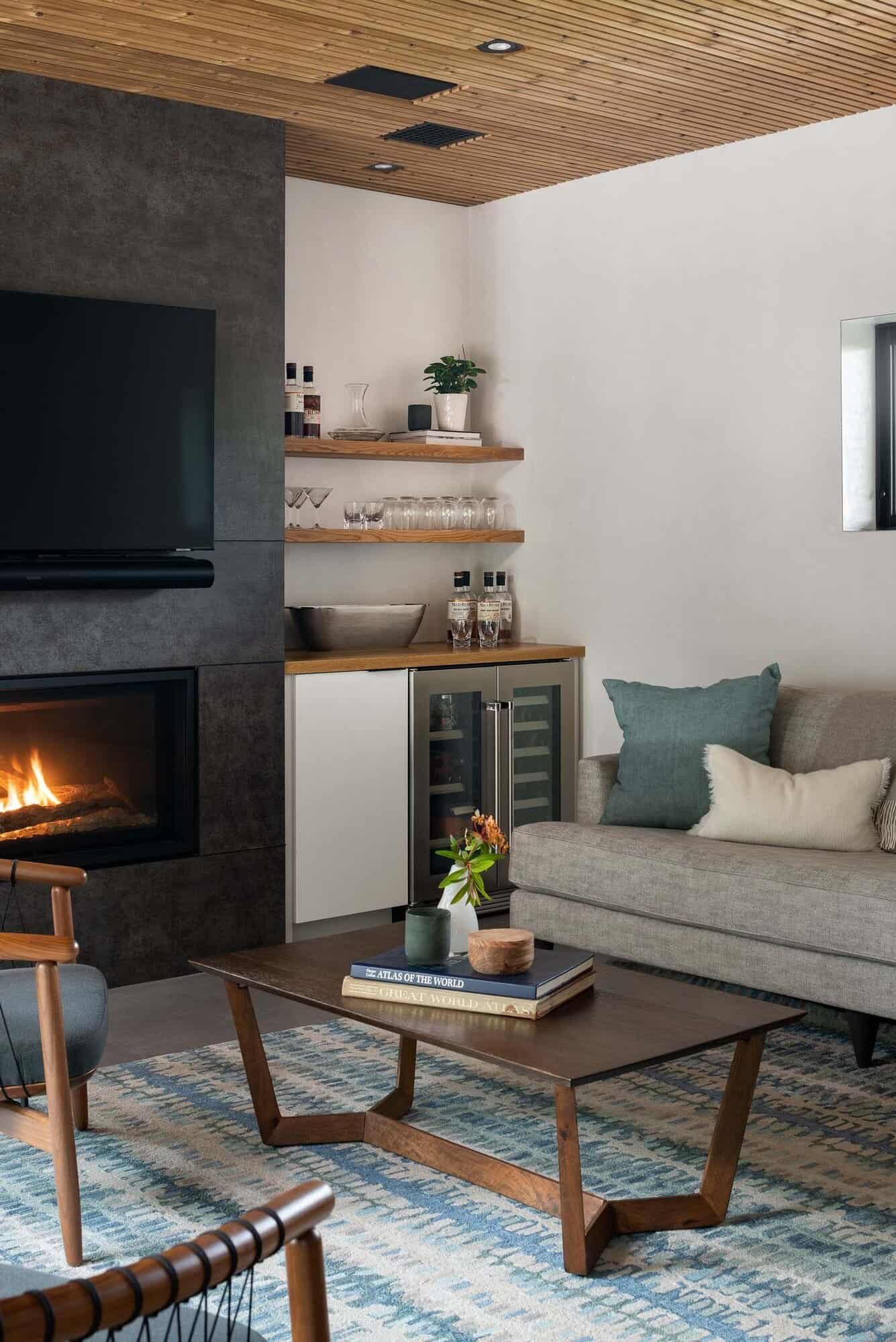 modern living room with a fireplace