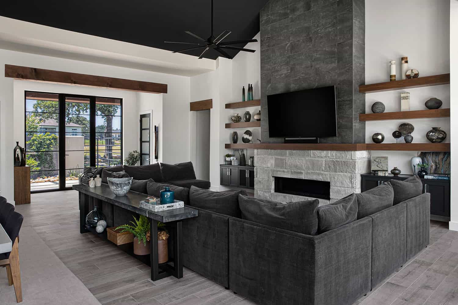 organic modern living room with a fireplace