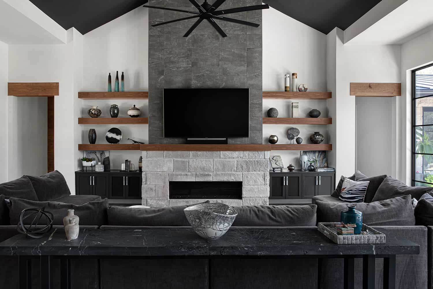 organic modern living room with a fireplace