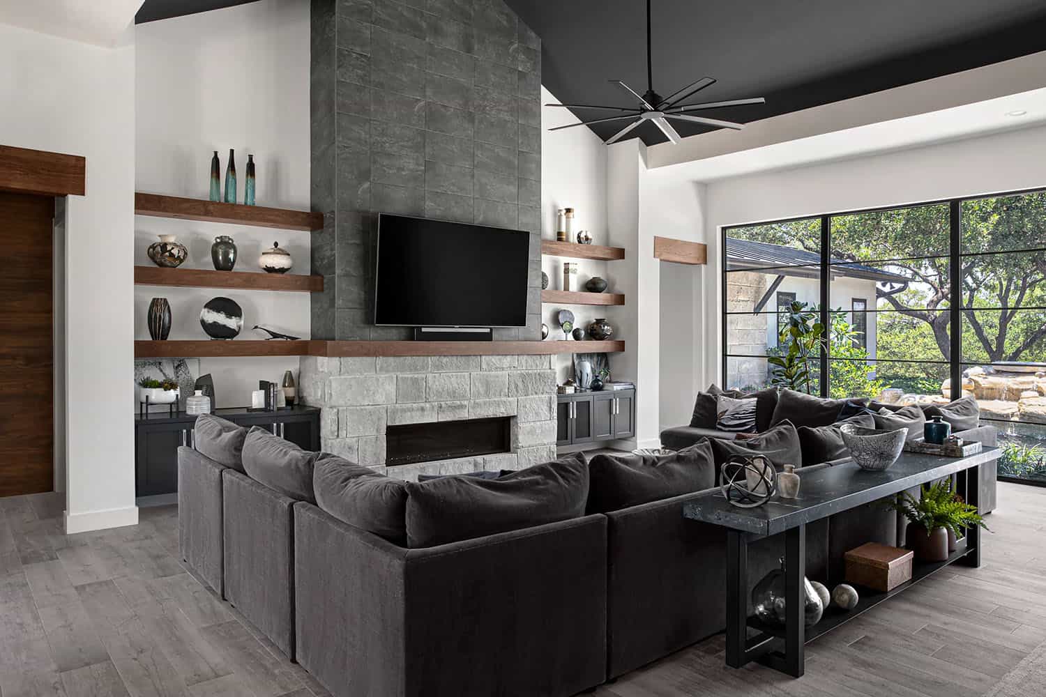 organic modern living room with a fireplace