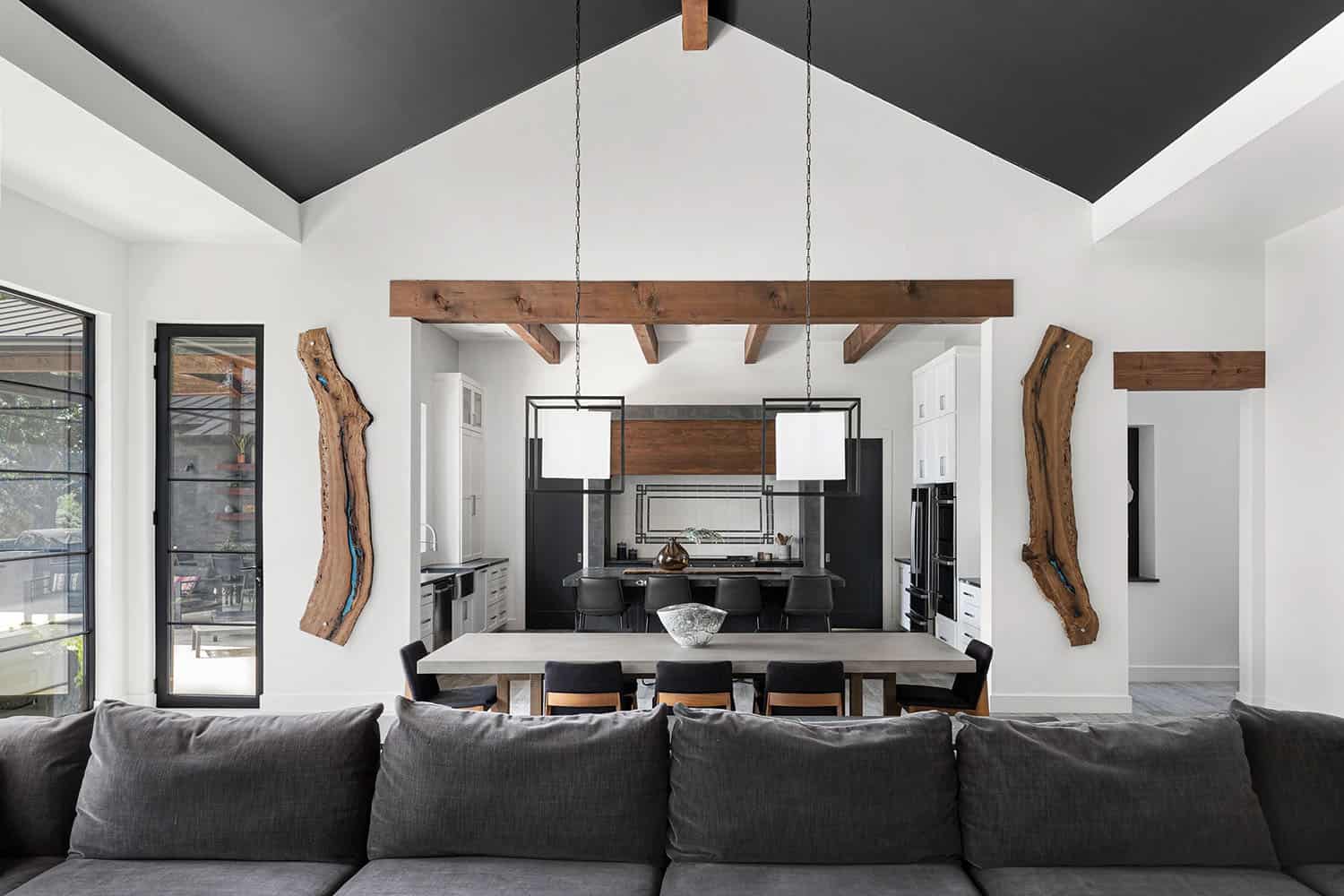organic modern living room looking towards the kitchen