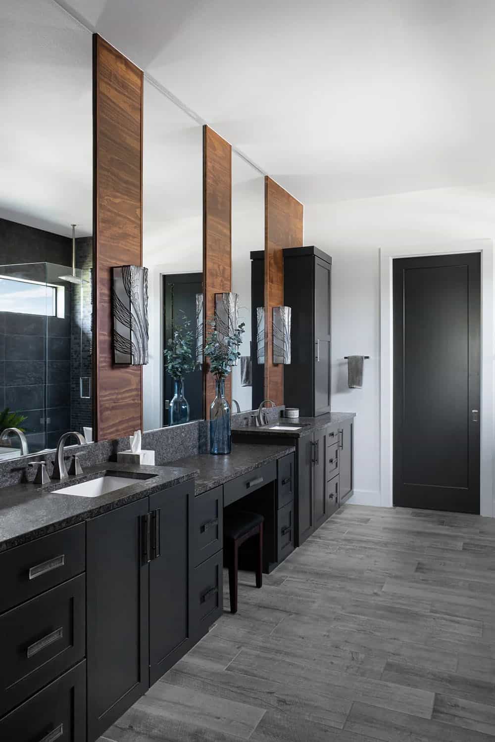 organic modern bathroom with dual vanities