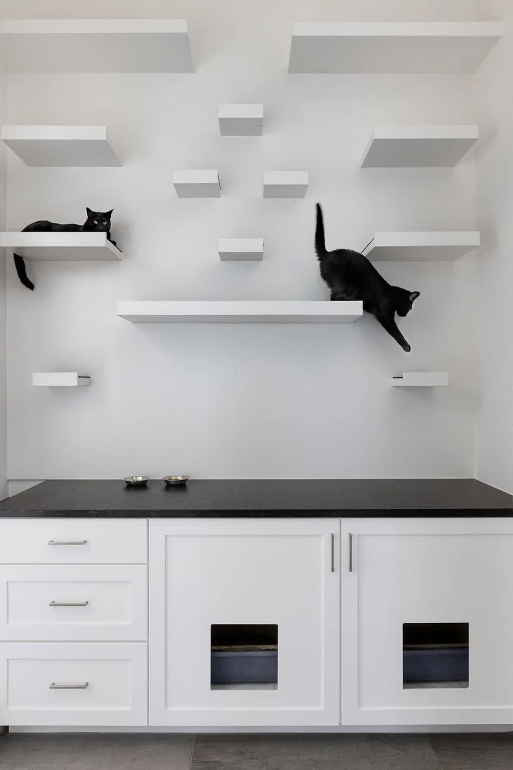 organic modern built-in cat litter storage and shelves