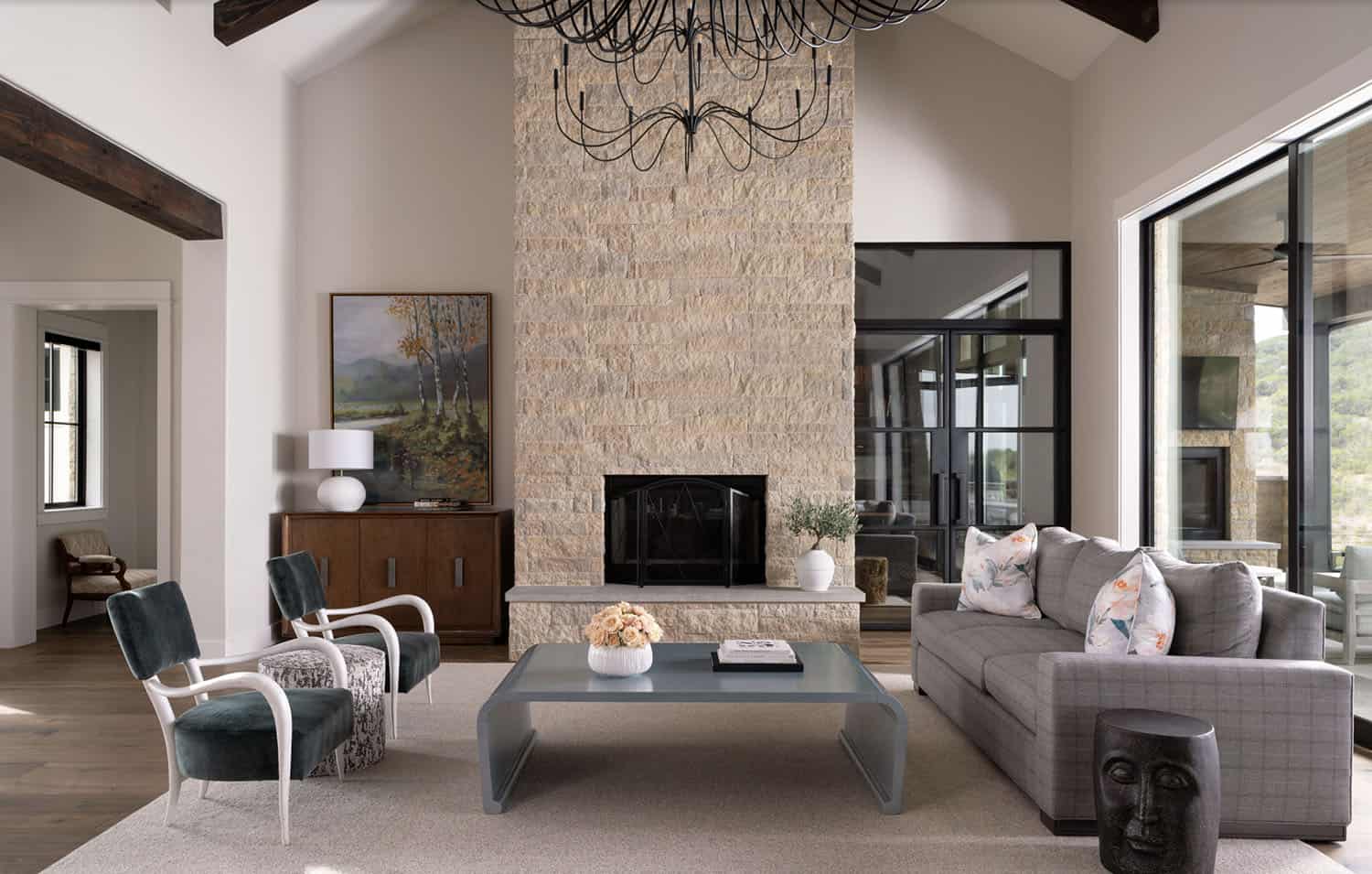 organic modern living room with a fireplace