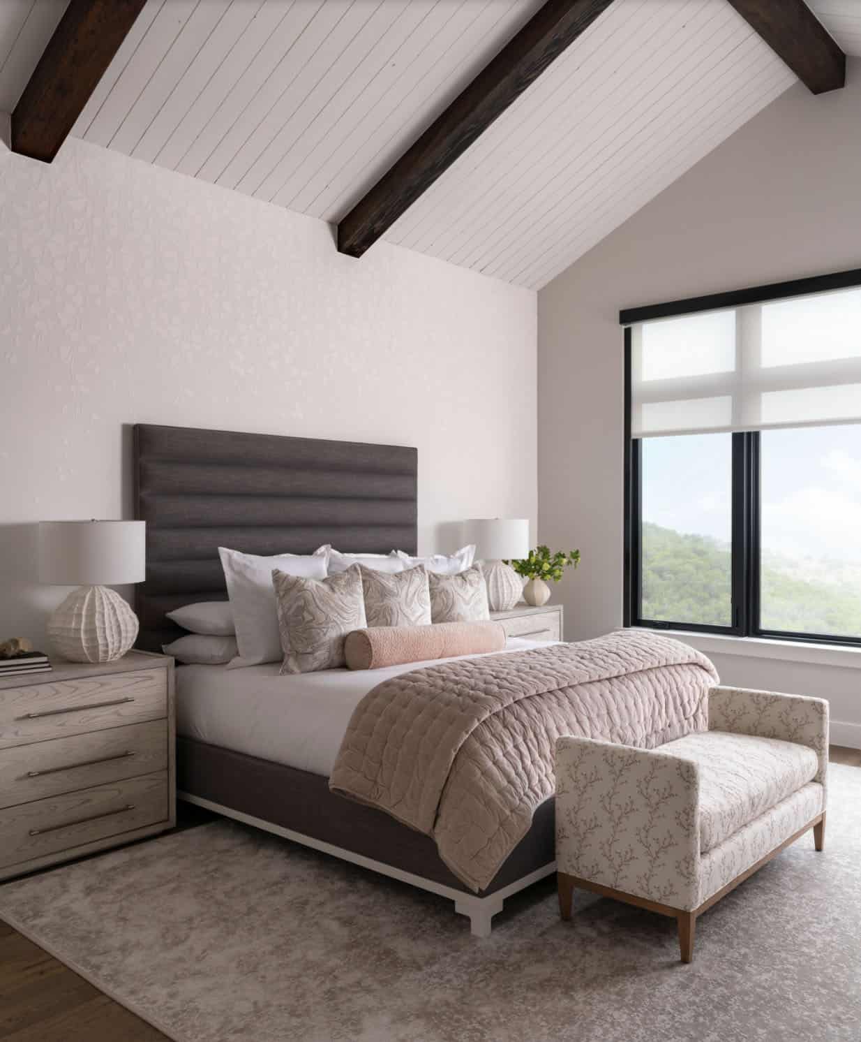 organic modern bedroom with a vaulted ceiling