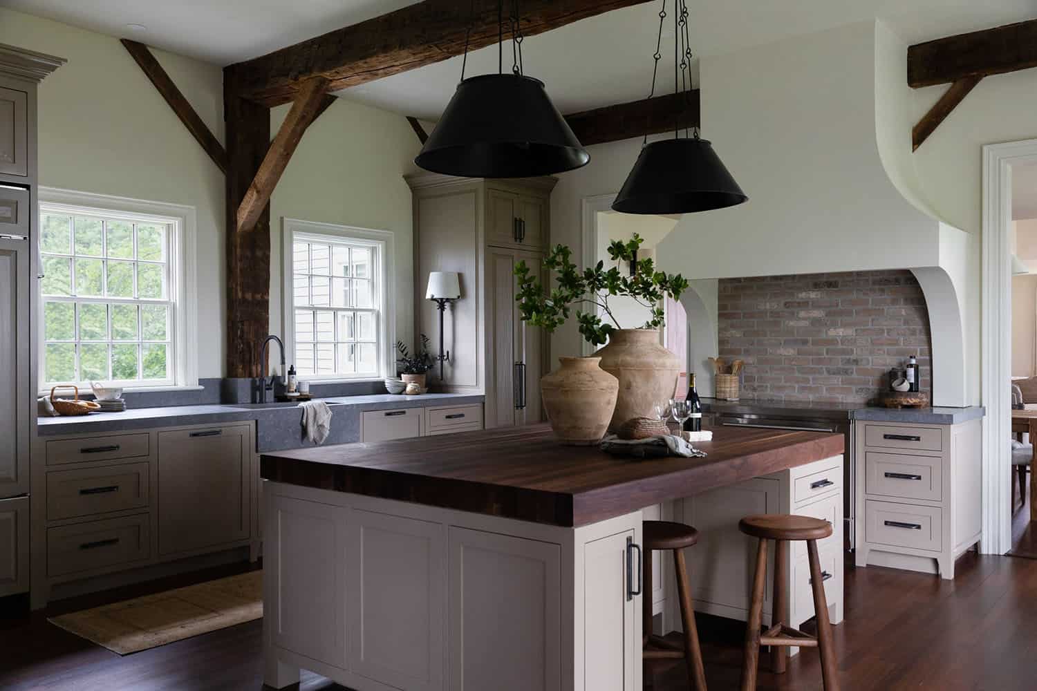 contemporary kitchen with large pendant lights