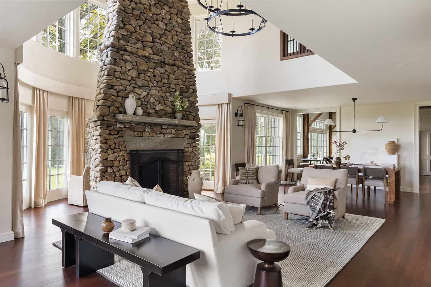 contemporary living room with a large fireplace