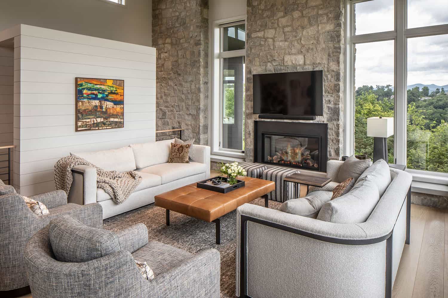 modern living room with a fireplace
