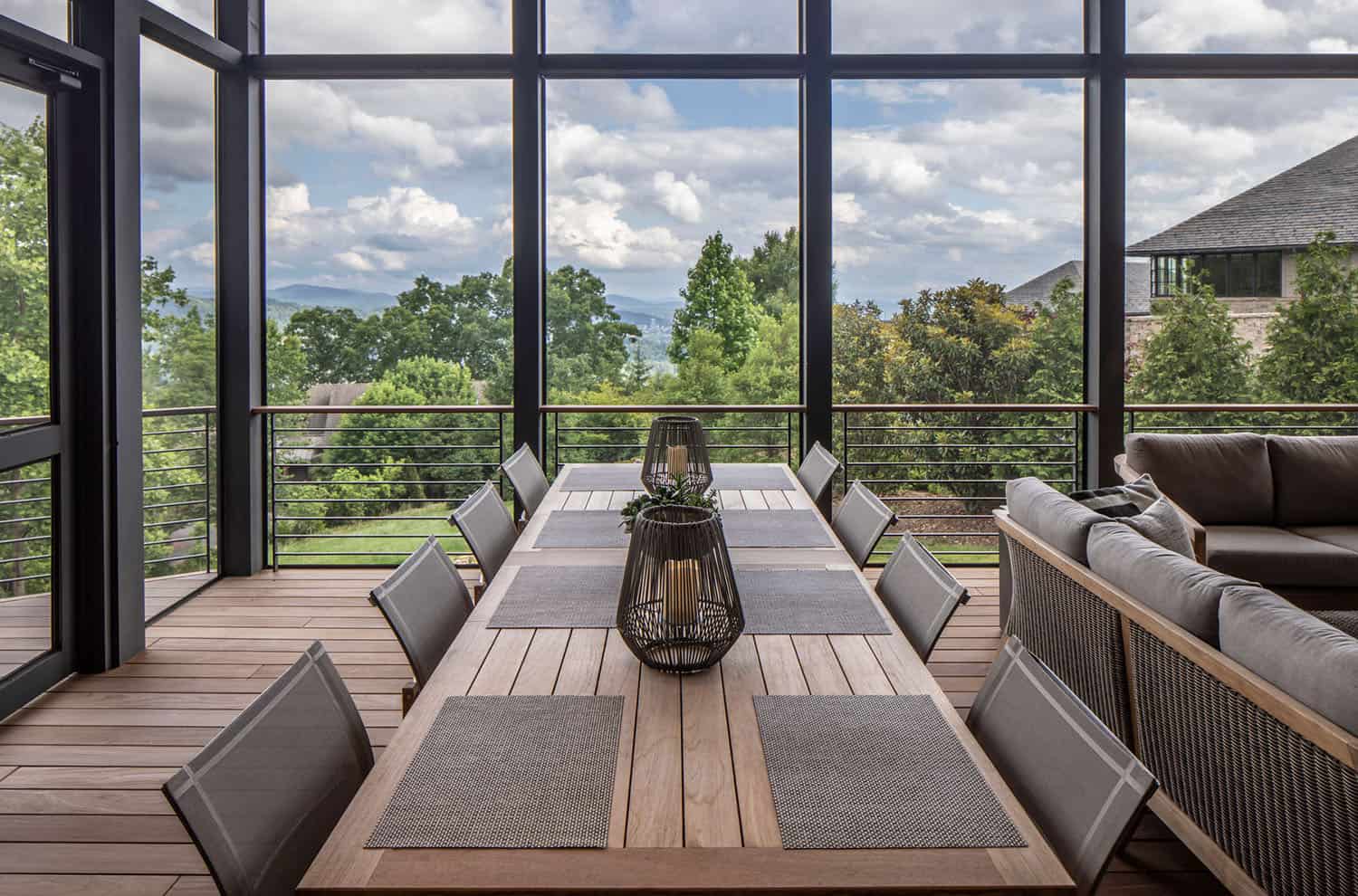modern screened porch with alfresco dining