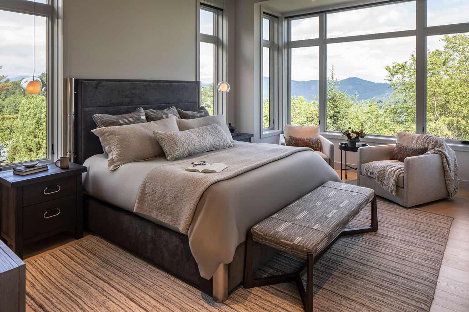 modern bedroom with large windows
