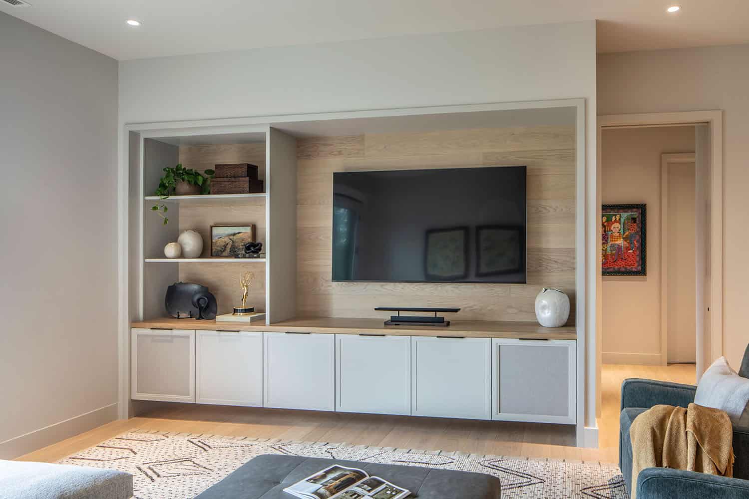 modern family room with a tv wall