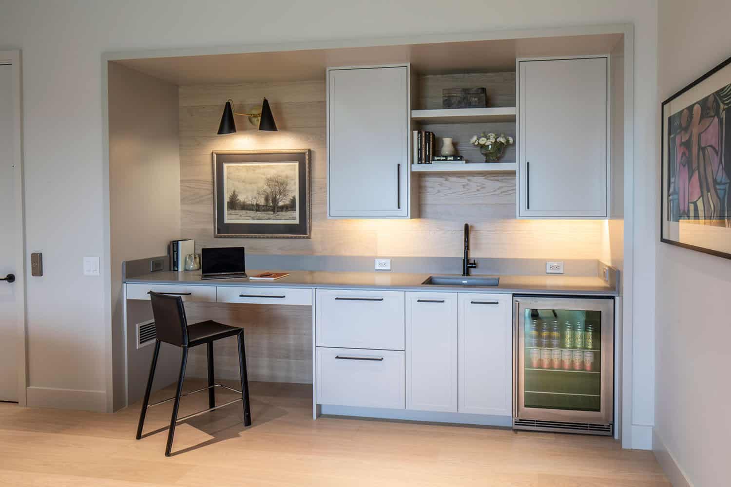 modern family room with a wet bar