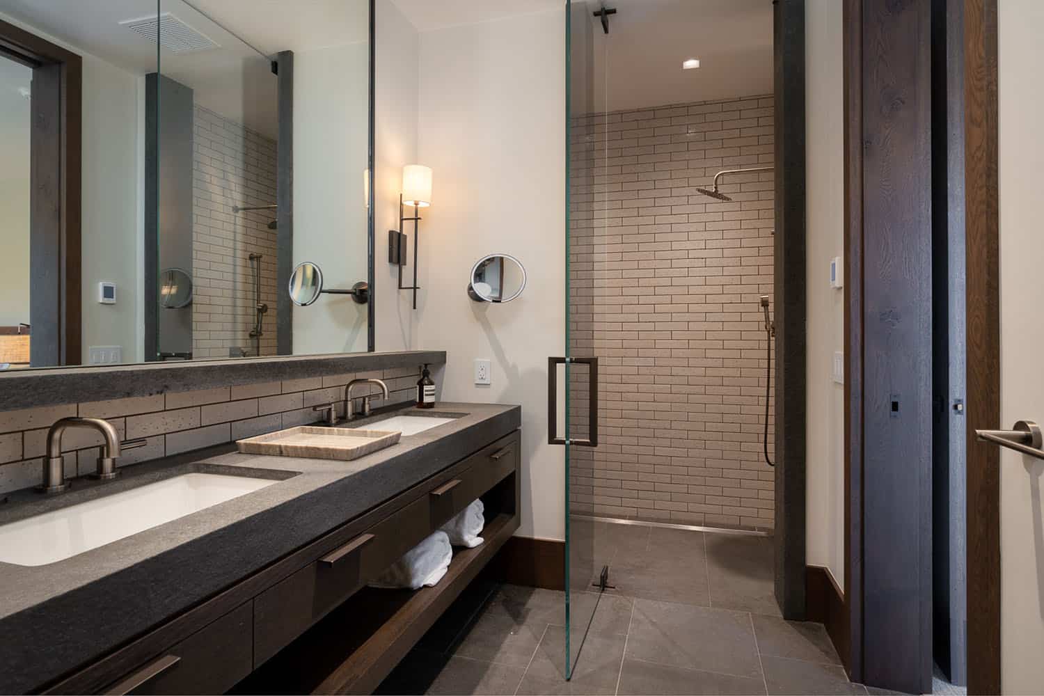 modern bathroom with a dual vanity