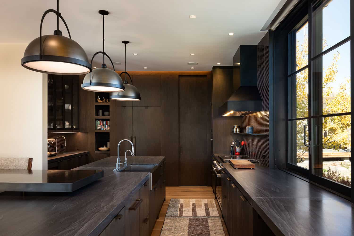 modern kitchen with dark cabinets