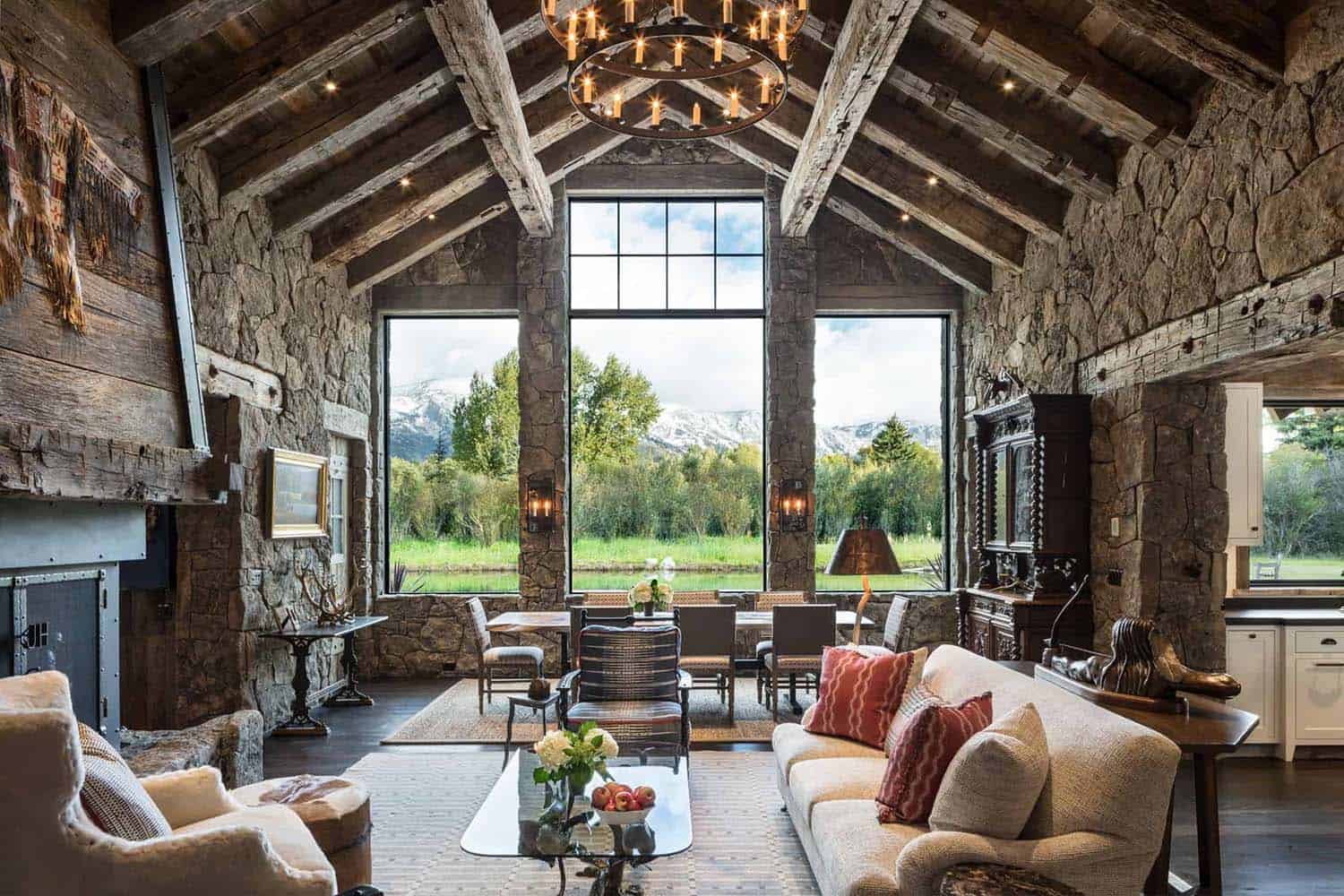 rustic modern living room with a large window and tall ceilings