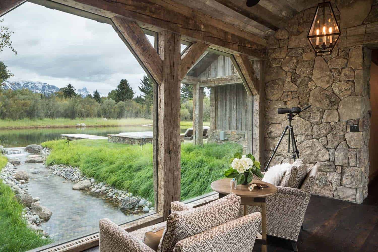 rustic sitting area over a river
