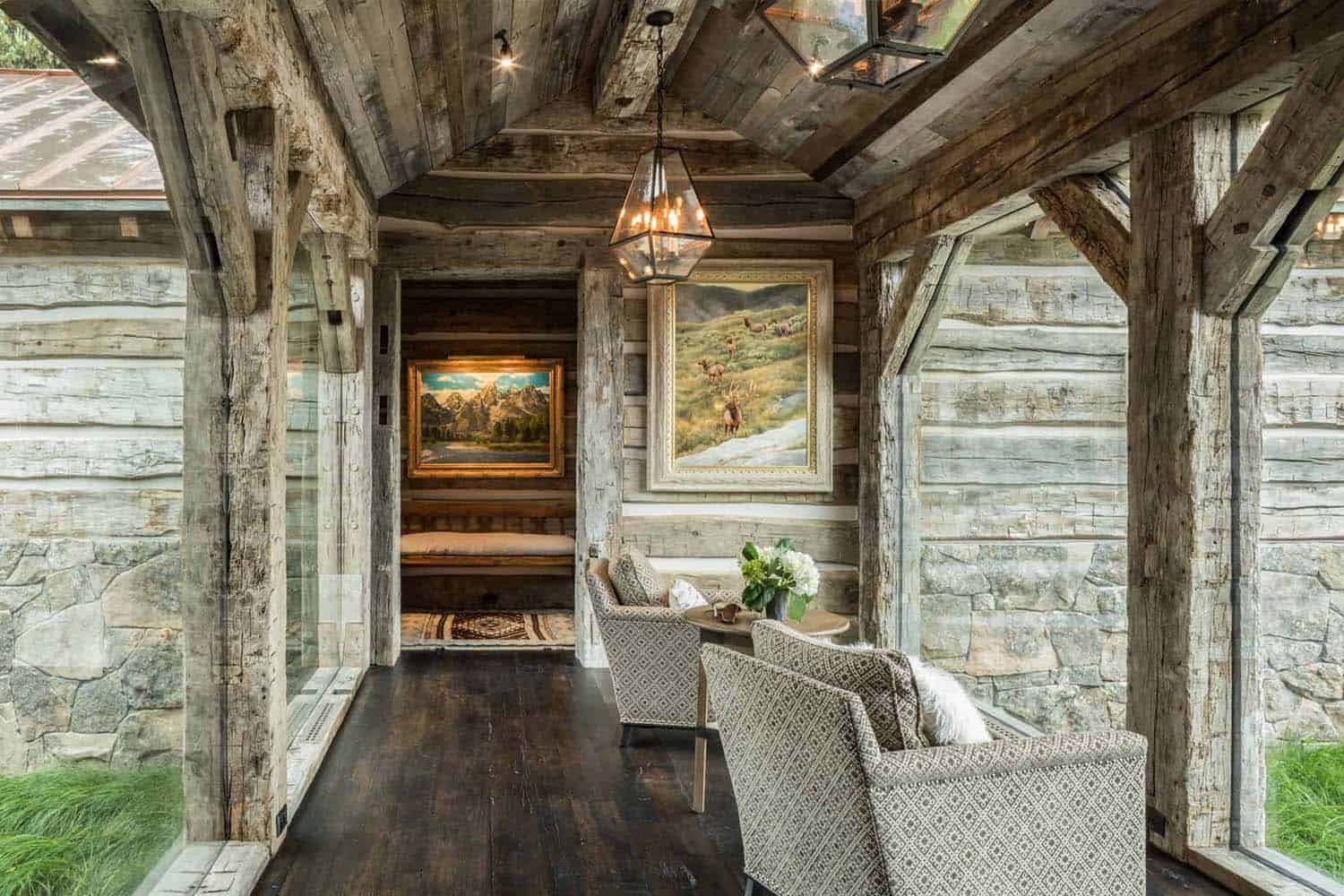 rustic sitting area over a river