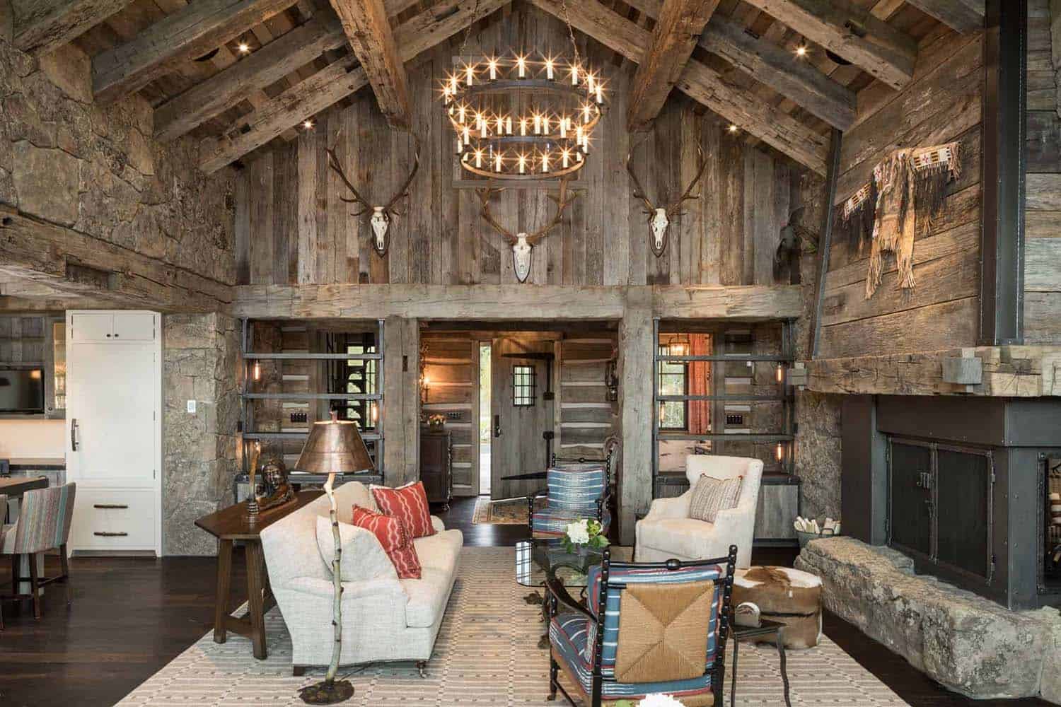 rustic modern living room with a large chandelier