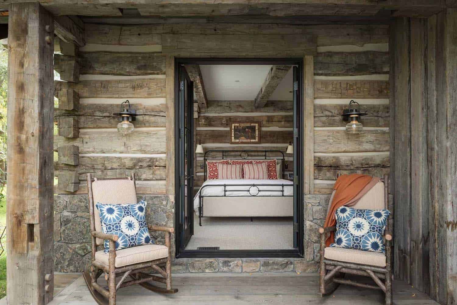 rustic guest bedroom entry with rocking chairs