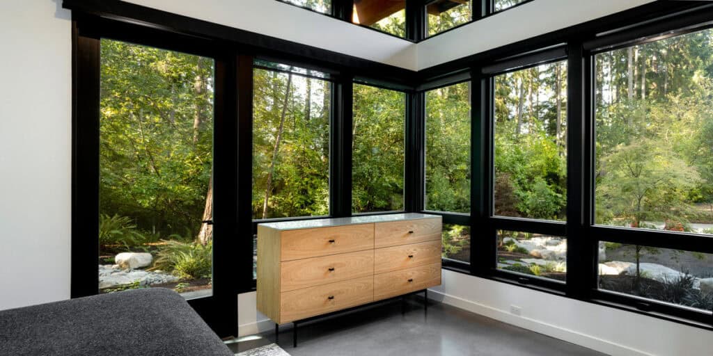 View of A stunning Scandinavian modern home in the forests of Bainbridge Island