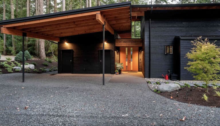 View of A stunning Scandinavian modern home in the forests of Bainbridge Island