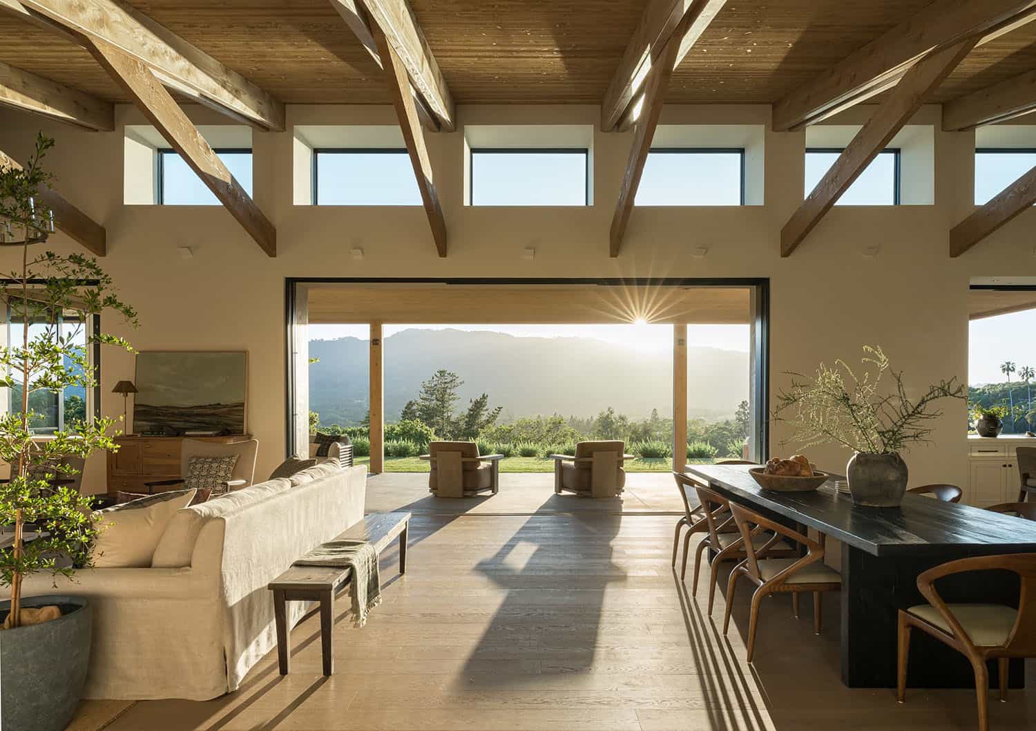 contemporary great room with sliding glass doors