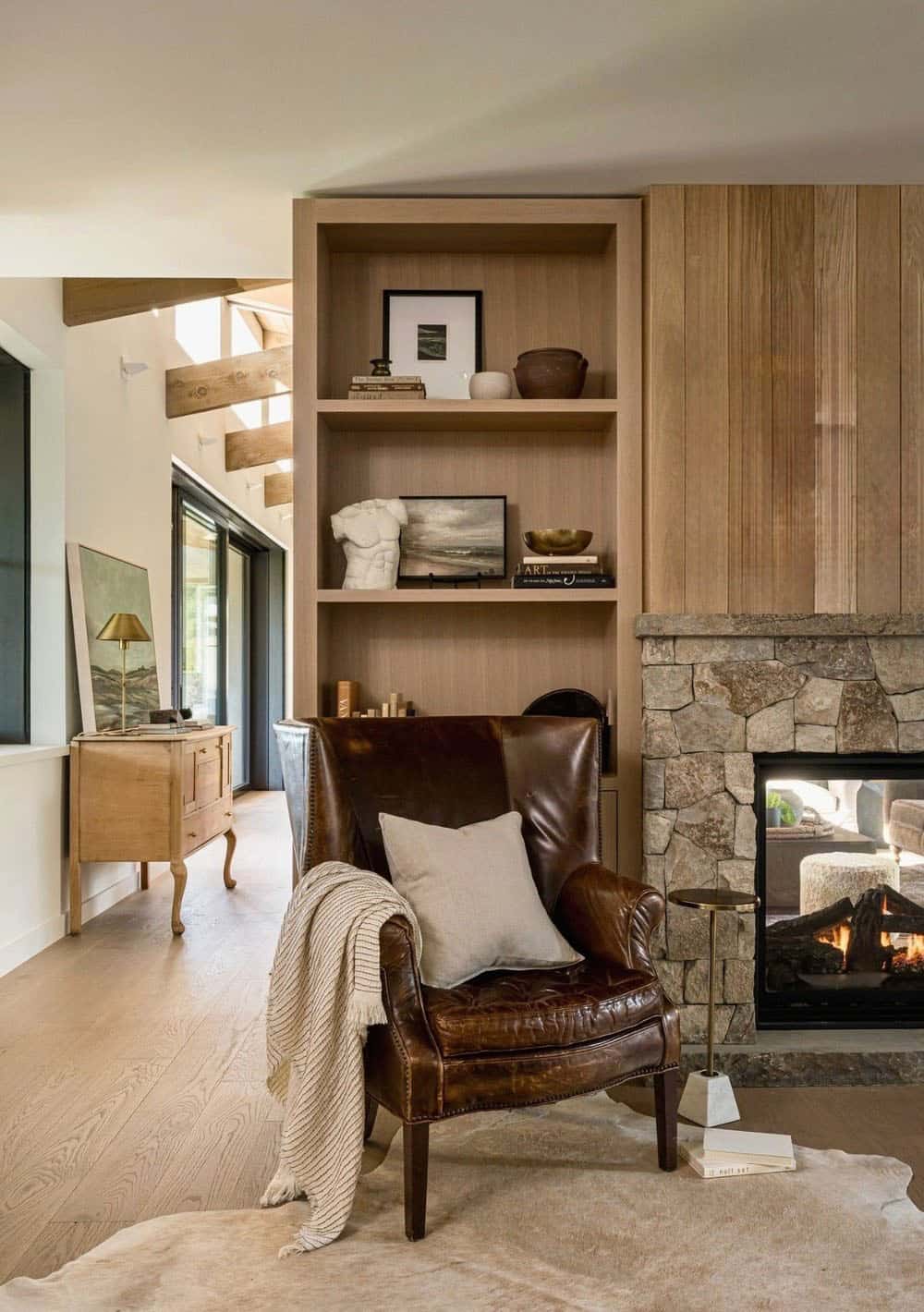 contemporary living room with a fireplace