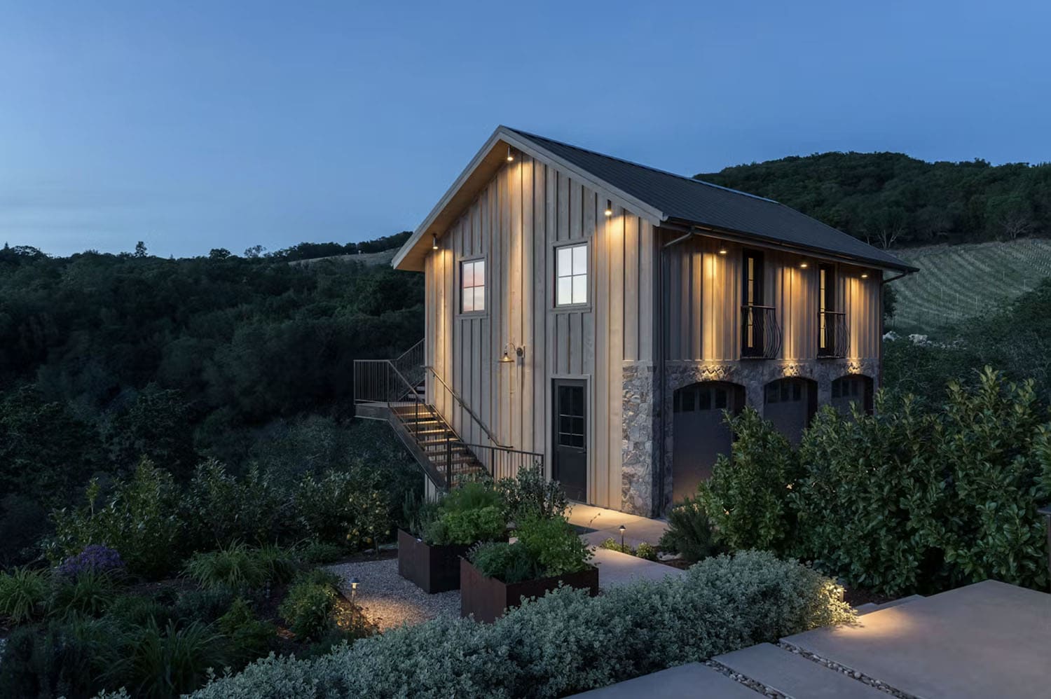 contemporary home exterior at dusk