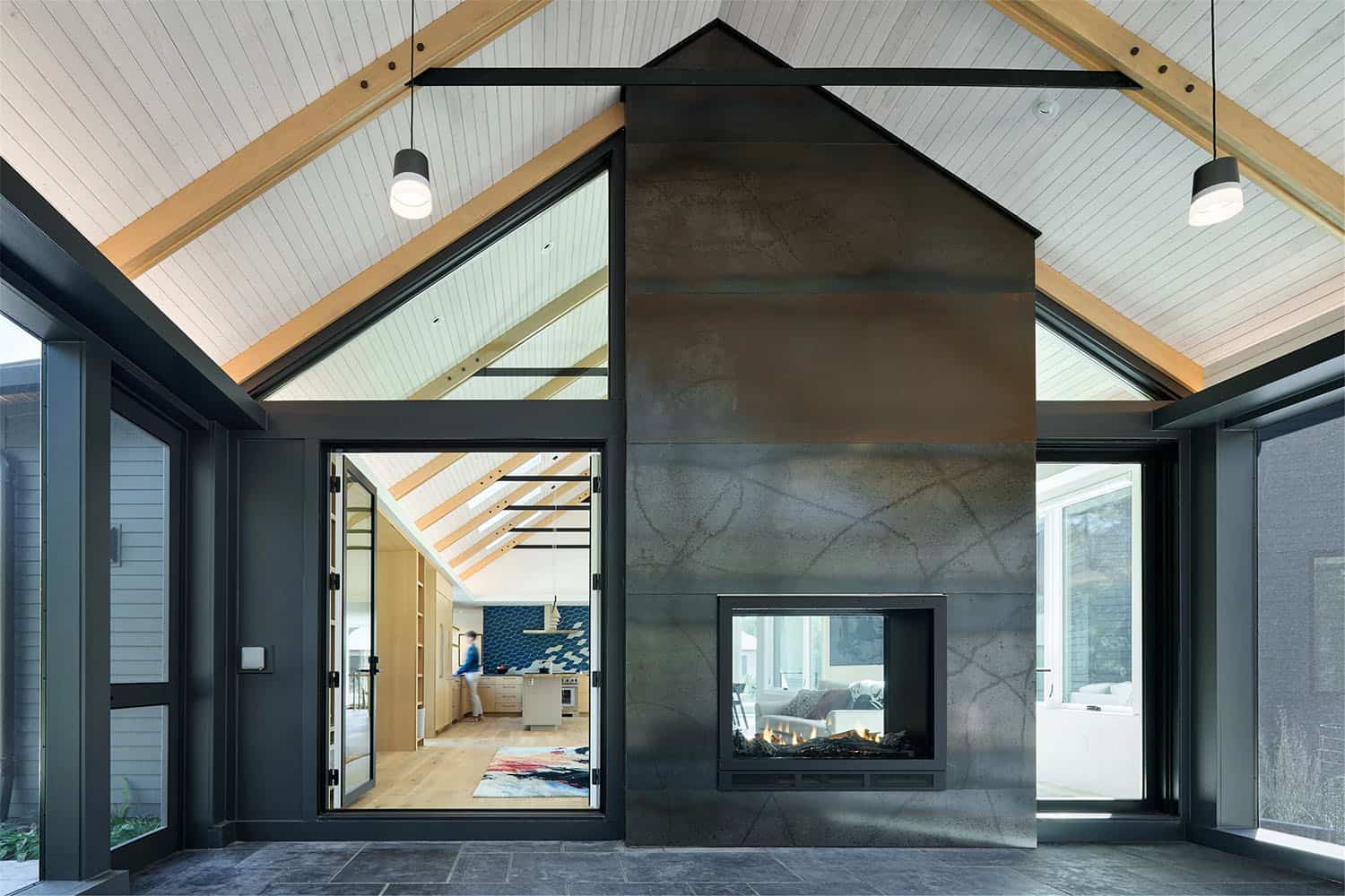 modern dual-sided fireplace