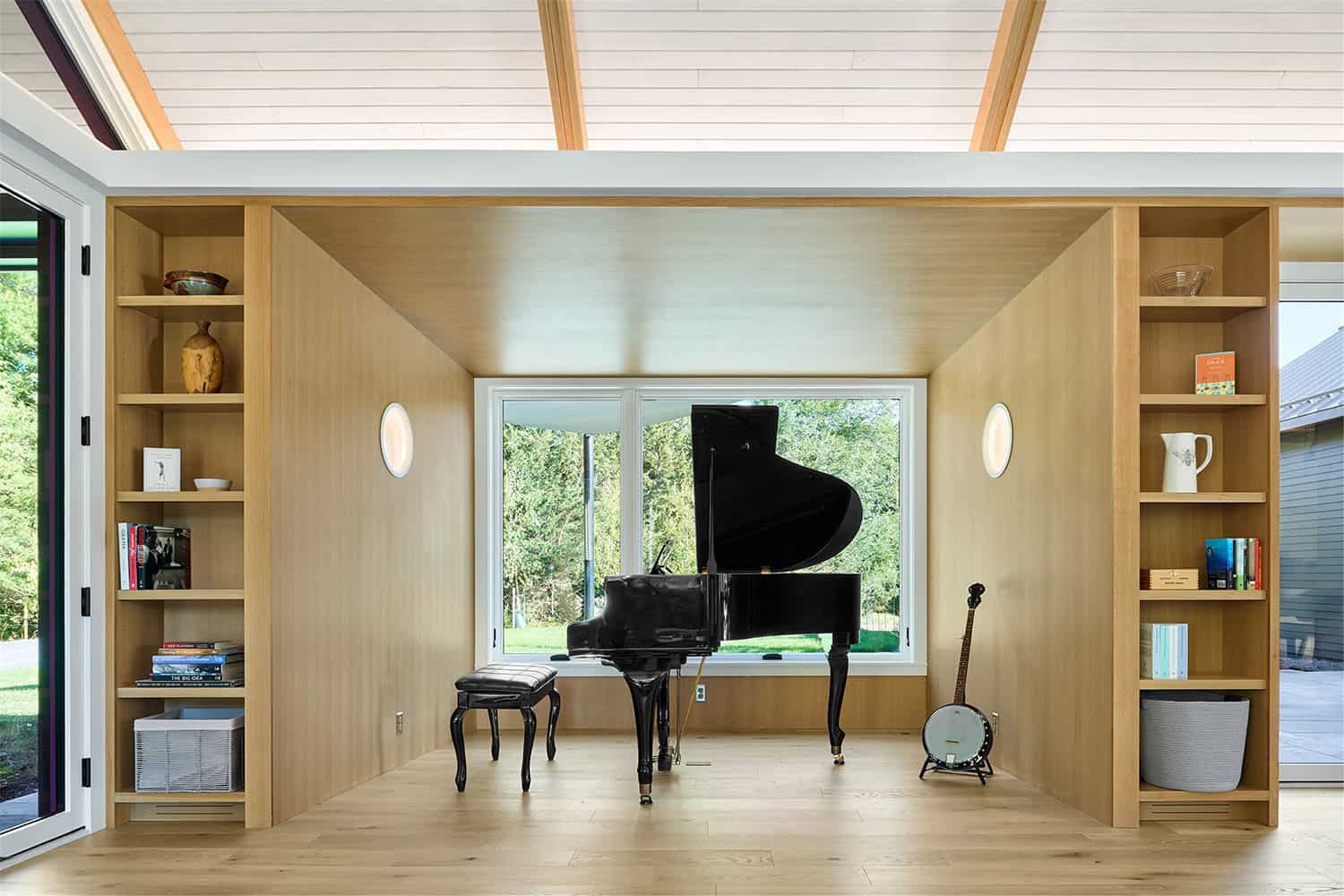 modern living room with a piano