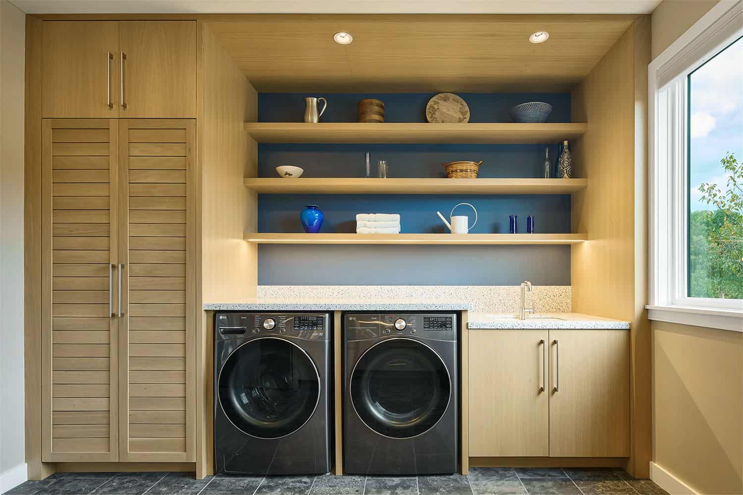 modern laundry room with open shelving