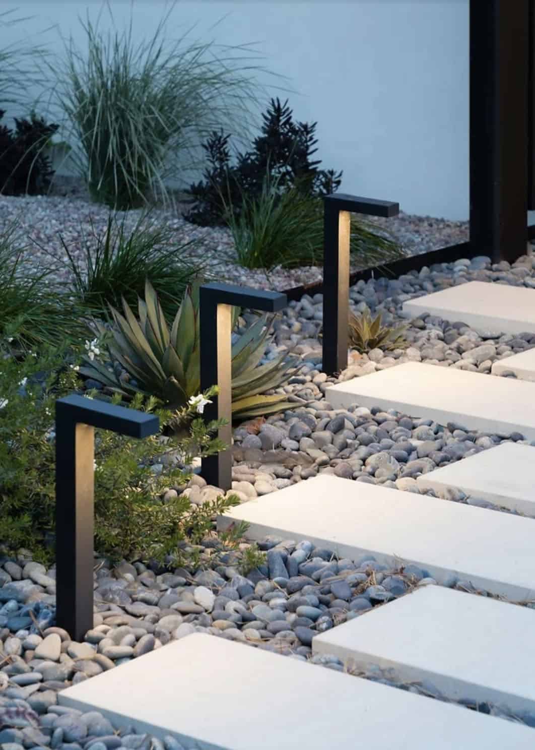glowing path lights and agave garden