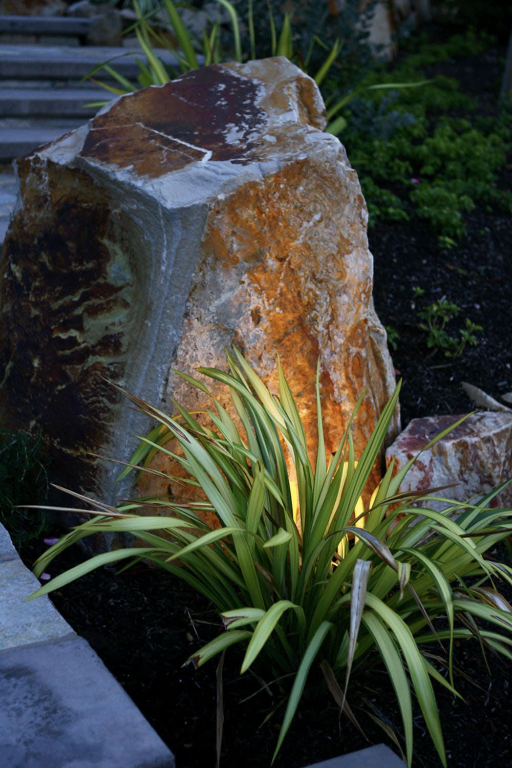 outdoor accent light with a boulder and native plants