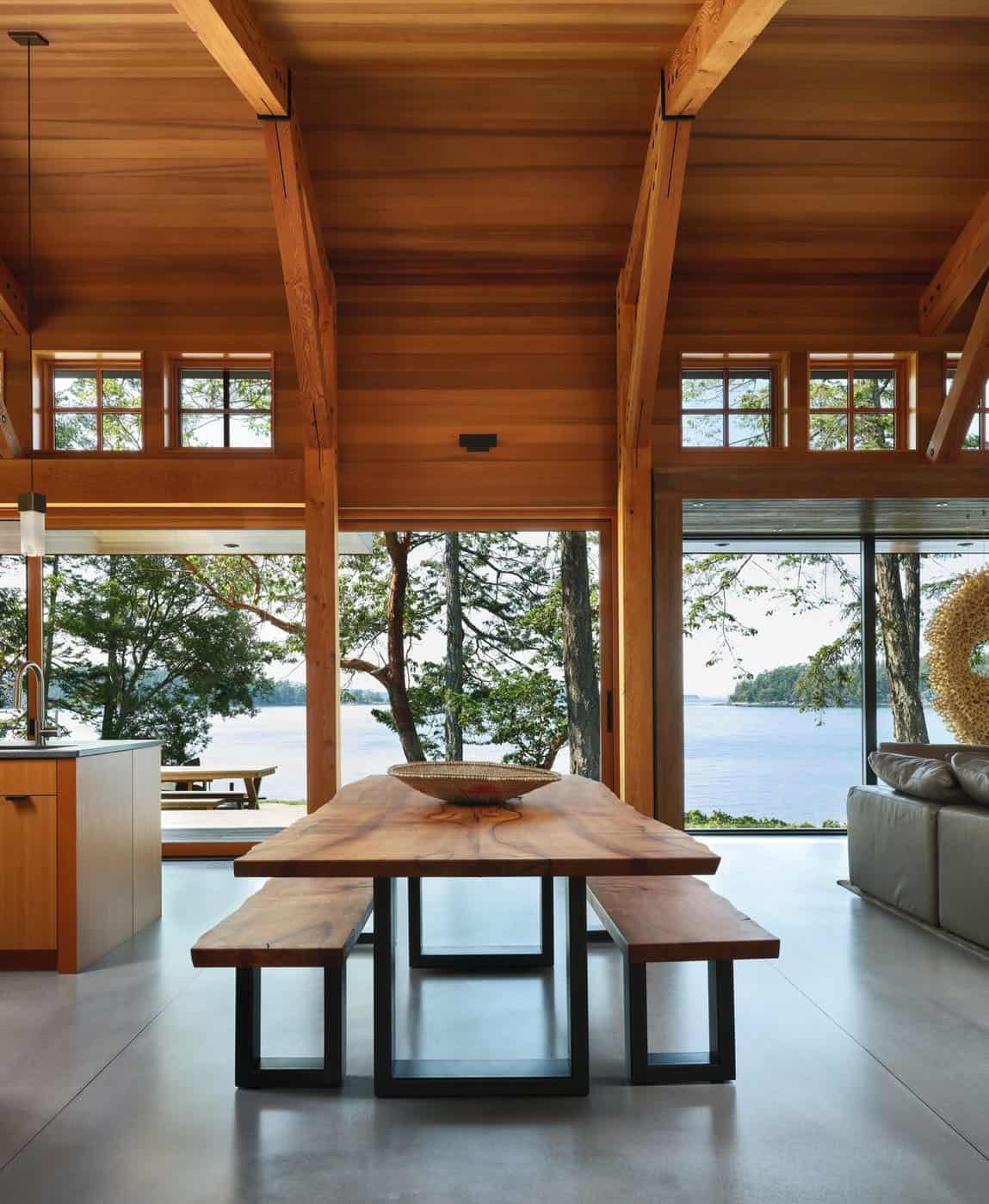 modern rustic dining room with large windows