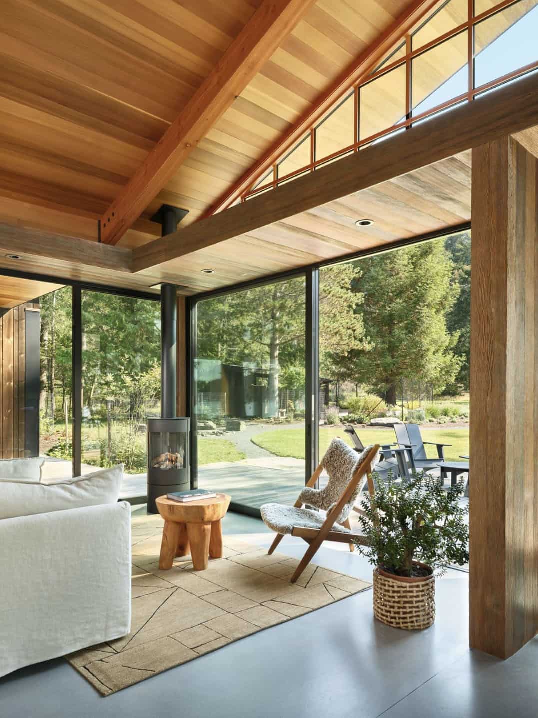 modern rustic family room with sliding glass doors