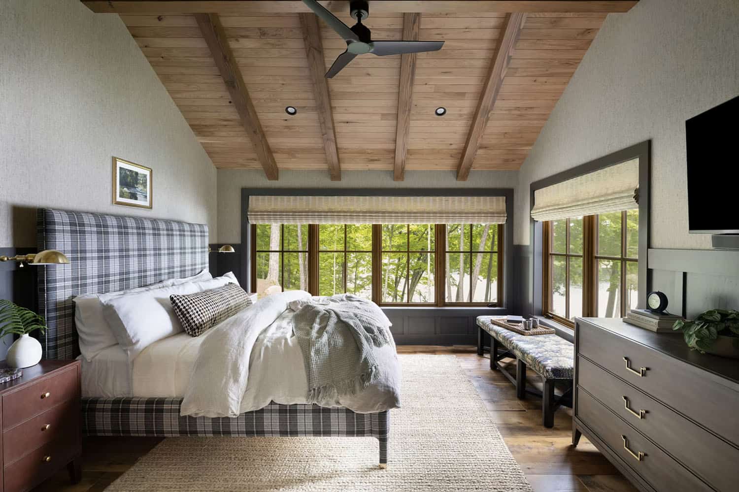 transitional style bedroom with large windows