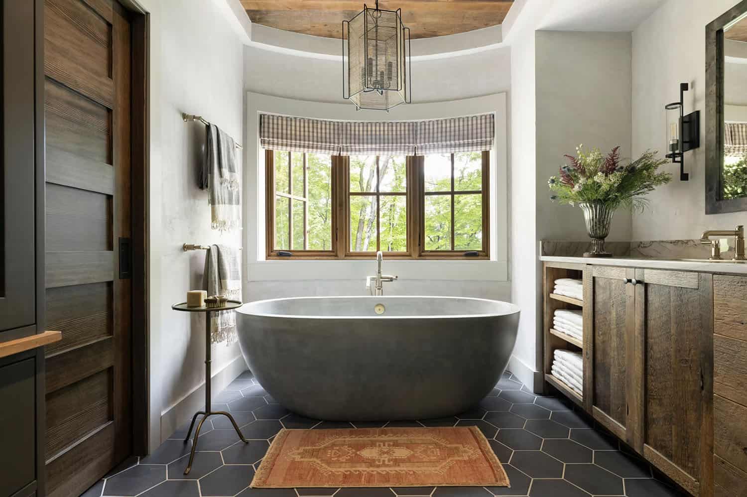 transitional style bathroom with a vanity and soaking tub