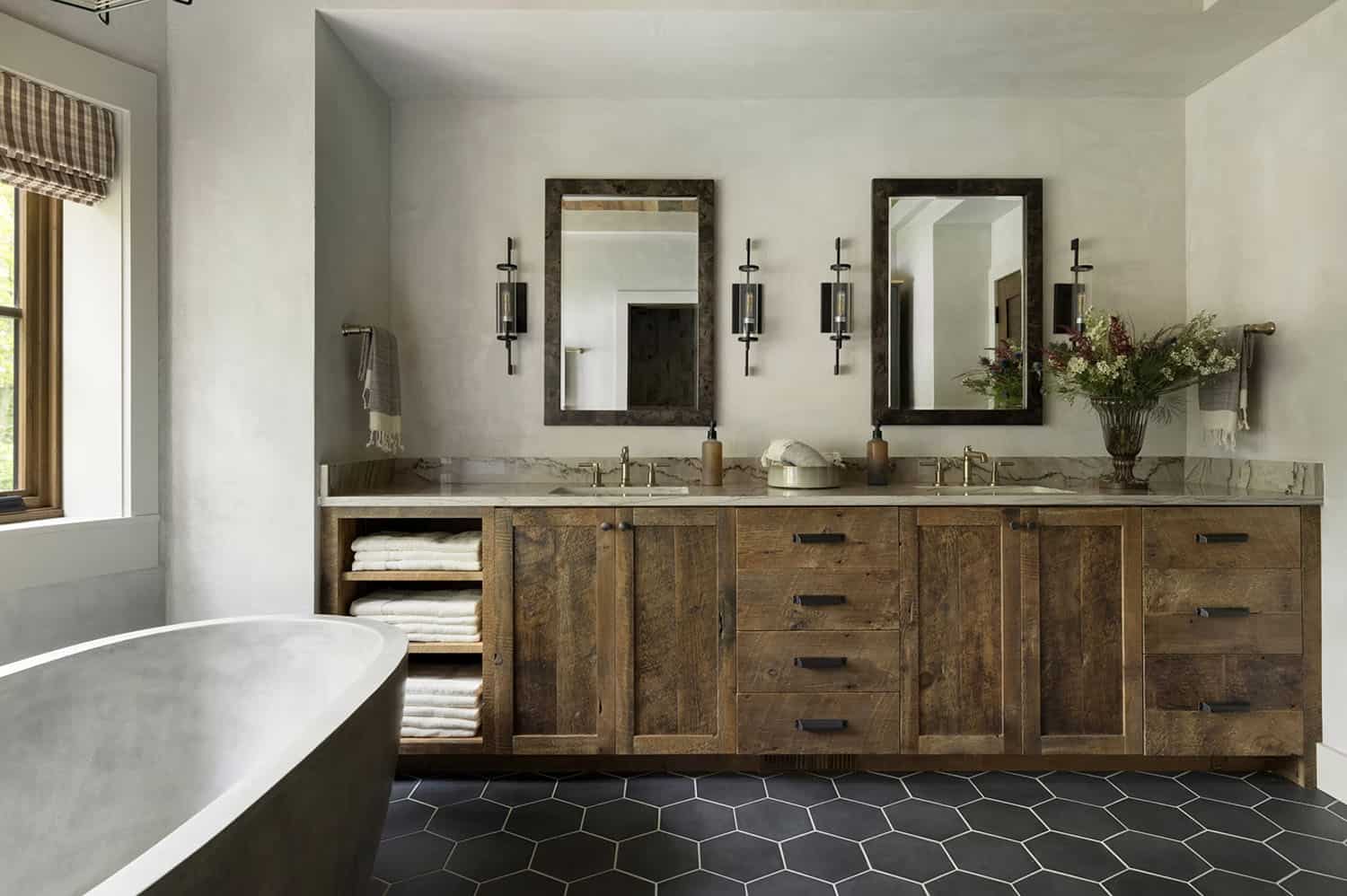 transitional style bathroom vanity with dual sinks and mirrors