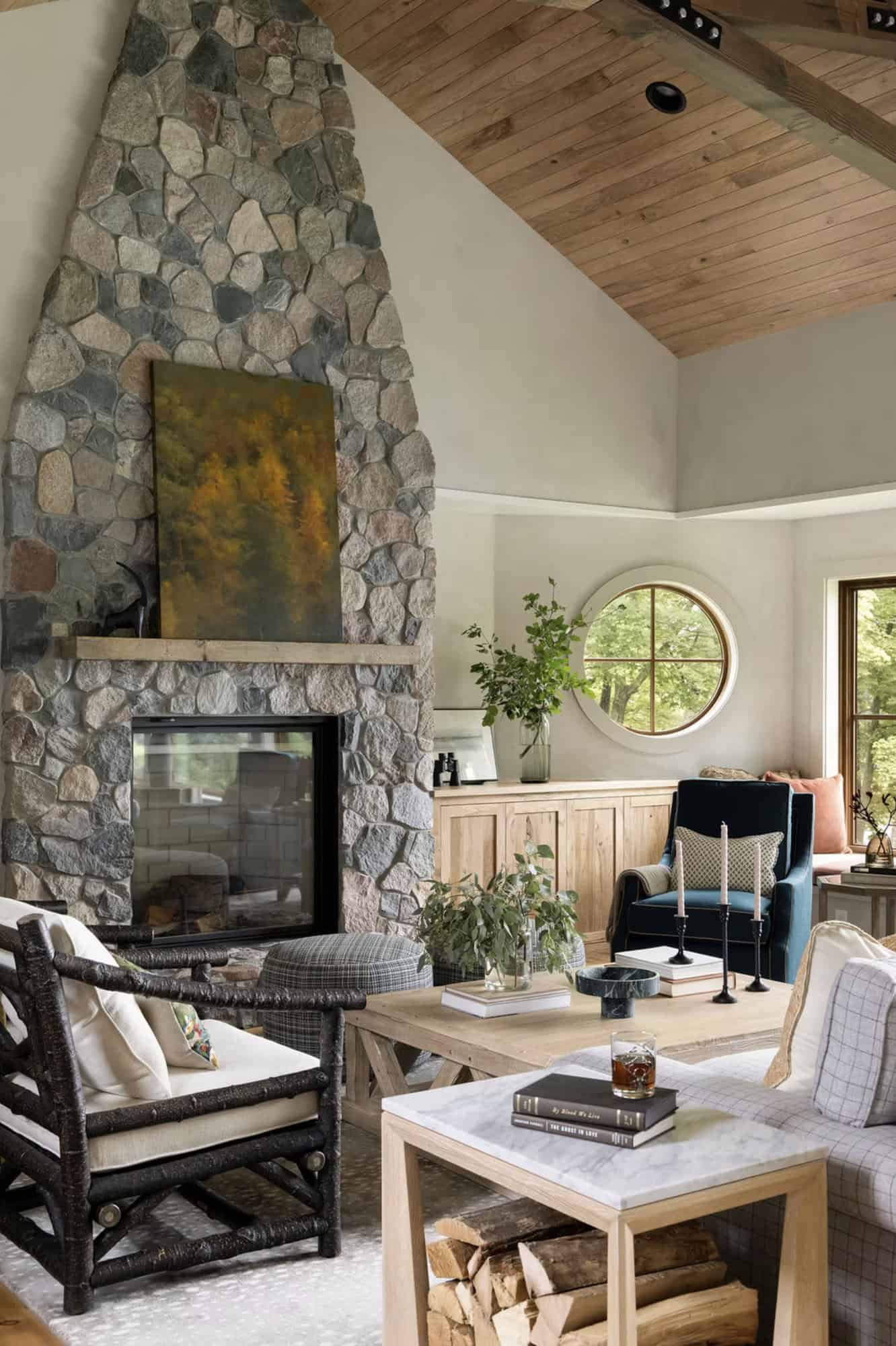 transitional style living room with a fireplace