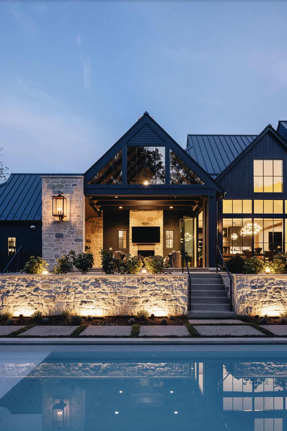 transitional home exterior at dusk