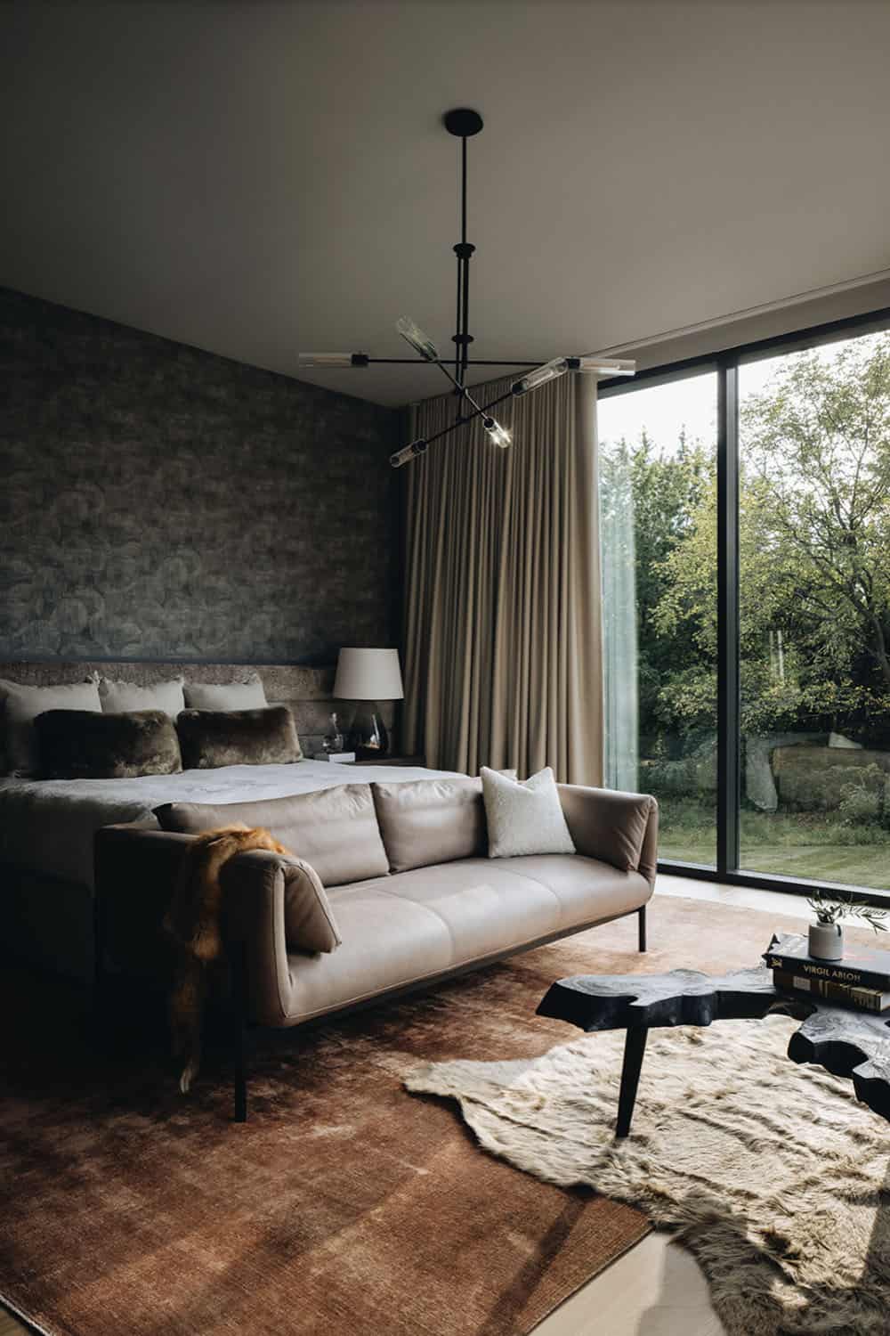 transitional bedroom with a sliding glass door
