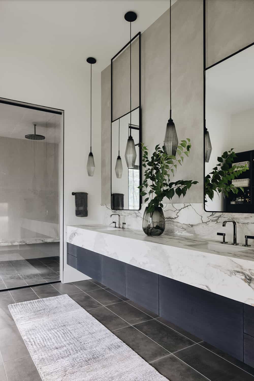 transitional bathroom vanity and shower