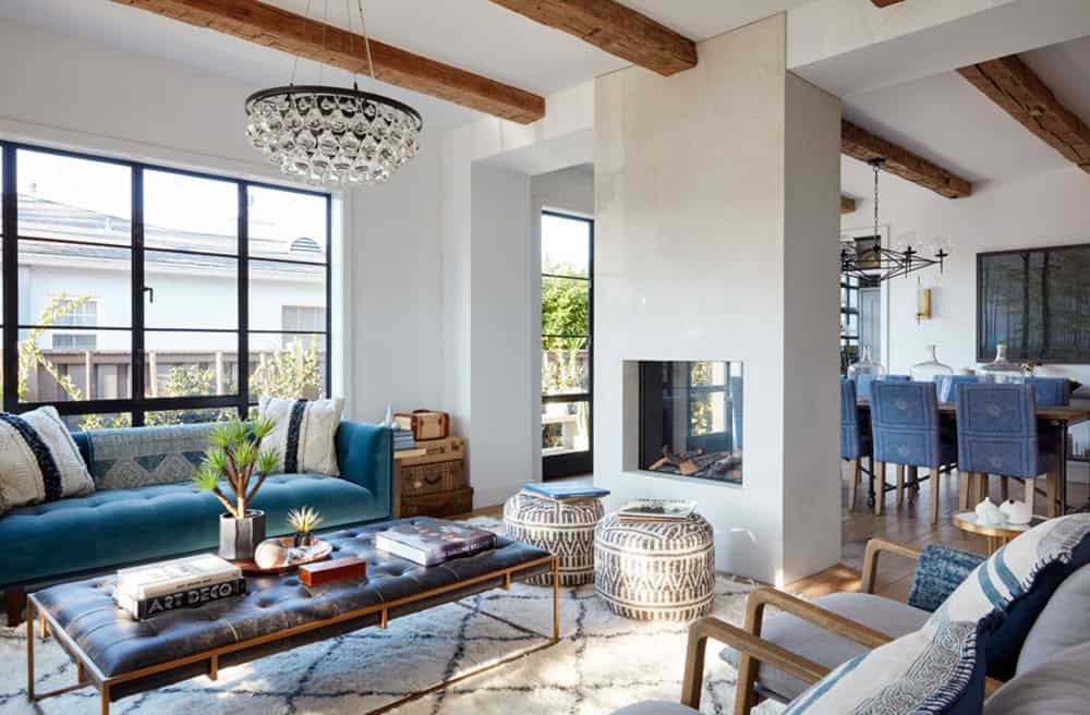 urban farmhouse living room with a fireplace