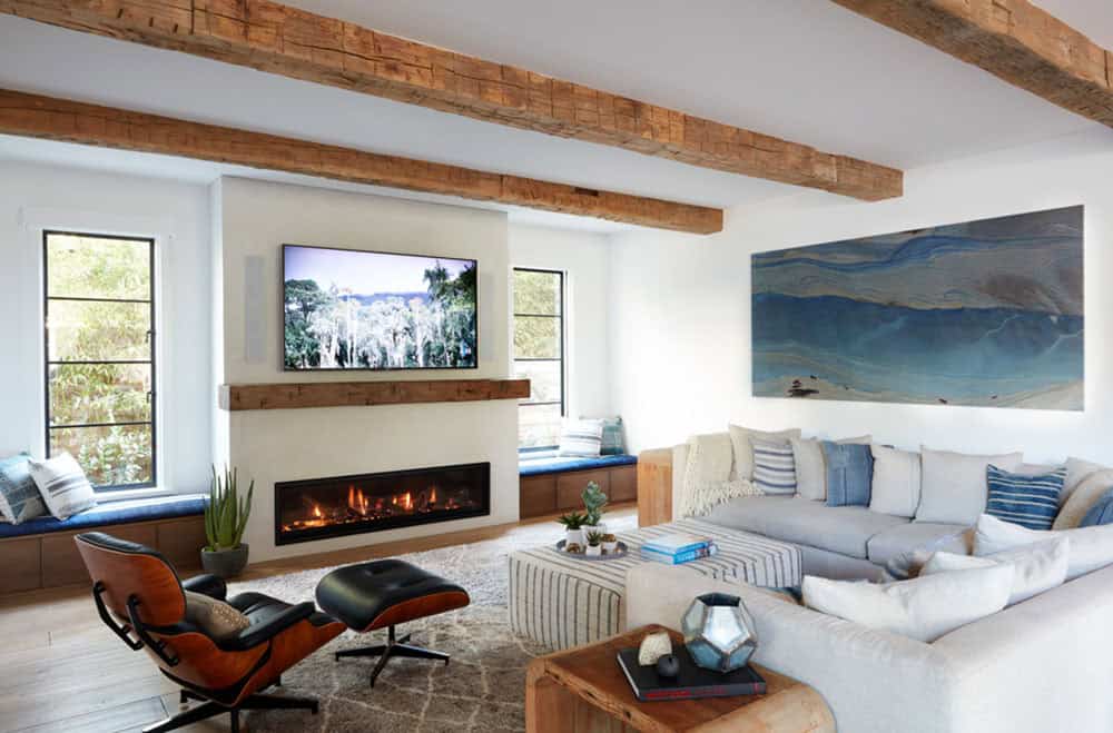 urban farmhouse family room with a fireplace