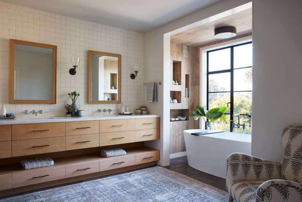 urban farmhouse bathroom with a vanity and tub